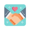 Handshaking flat color icon. Kindness, charity and help concept.
